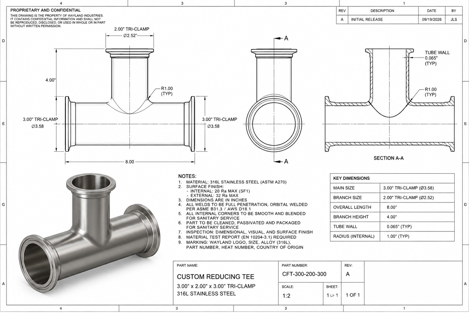 Custom fitting CAD drawing and fabrication specification