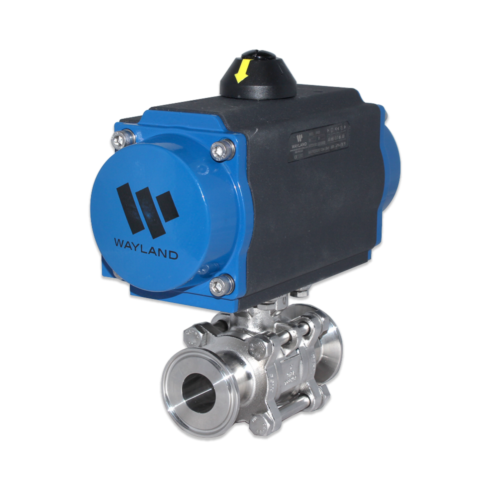 Wayland rack and pinion actuated three-piece encapsulated clamp ball valve