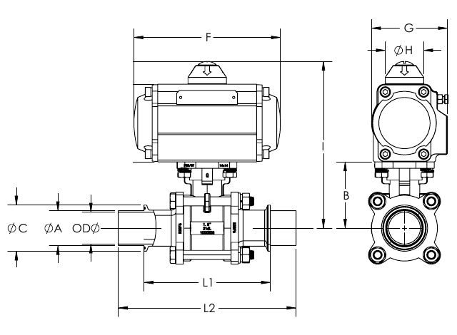 Dimensional line drawing of a Wayland actuated three-piece ball valve