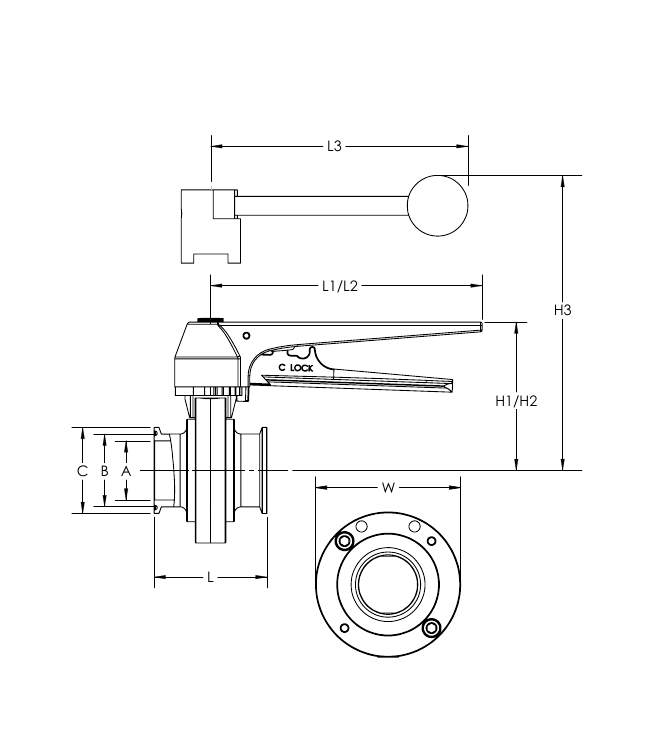 HX Series Tri-Clamp valve dimensional line drawing