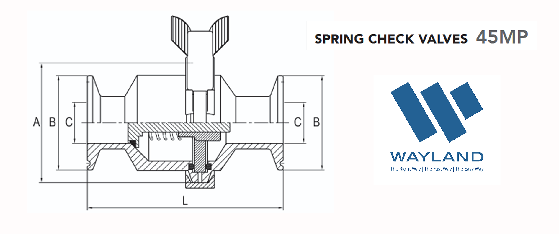 Wayland 45MP spring check valve cross-section with dimensional callouts A, B, C and L